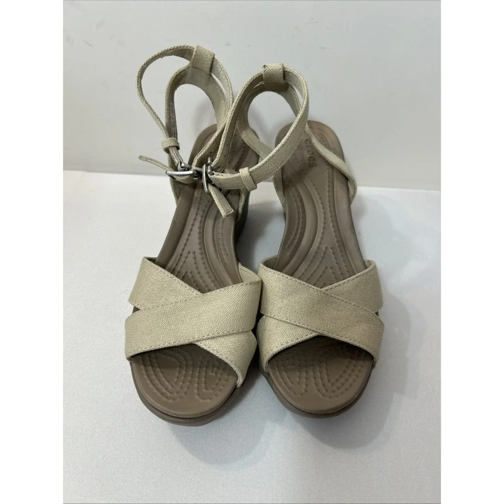 Crocs Women's Sz 6 Leigh II Cross Ankle Strap Wedge Sandals Beige Canvas Comfort